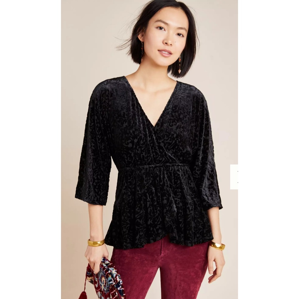 Anthropologie, S, Aleksa Velvet a burnout top, Black, Peplum, Damask, Whimsigoth
